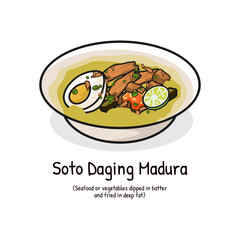 Soto daging sapi or yellow beef soup made of beef broth with chunks of meat Madura food Indonesia