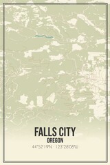 Retro US city map of Falls City, Oregon. Vintage street map.