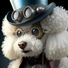 The dog is a white poodle in steampunk style.