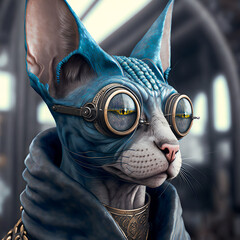 A sphinx cat with glasses, proud and independent.