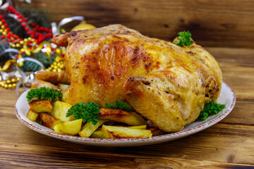 Baked whole chicken with potato and Christmas decorations on a wooden table