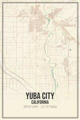 Retro US city map of Yuba City, California. Vintage street map.