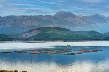 Natural view of Karacaören Dam. Trout production facilities, accommodation, amateur fishing and water sports are also available in the lake. Isparta - Turkey