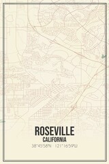 Retro US city map of Roseville, California. Vintage street map.