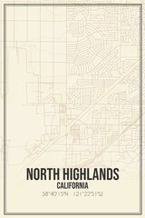 Retro US city map of North Highlands, California. Vintage street map.