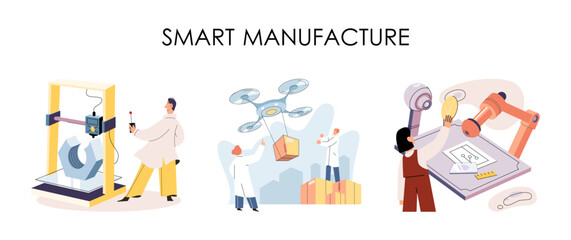 Manufacturing process industry. Scientist robot assembling products. Smart manufacture, automation development metaphor. Smart industry product design, automated production, robots and machinery 4.0