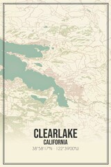 Retro US city map of Clearlake, California. Vintage street map.
