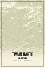 Retro US city map of Twain Harte, California. Vintage street map.