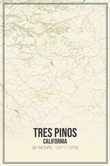Retro US city map of Tres Pinos, California. Vintage street map.