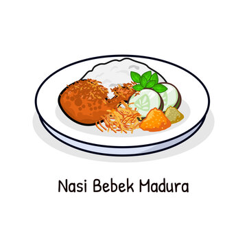 Nasi bebek or spicy fried duck rice with black sambal traditional food of Madura Island Indonesia