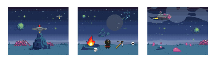 Retro computer games level. Pixel art video game scene 8 bit warrior character collects weapons and skulls. Gaming pixelated platform arcade level. Pixels gaming fantasy space landscape background © Dmytro