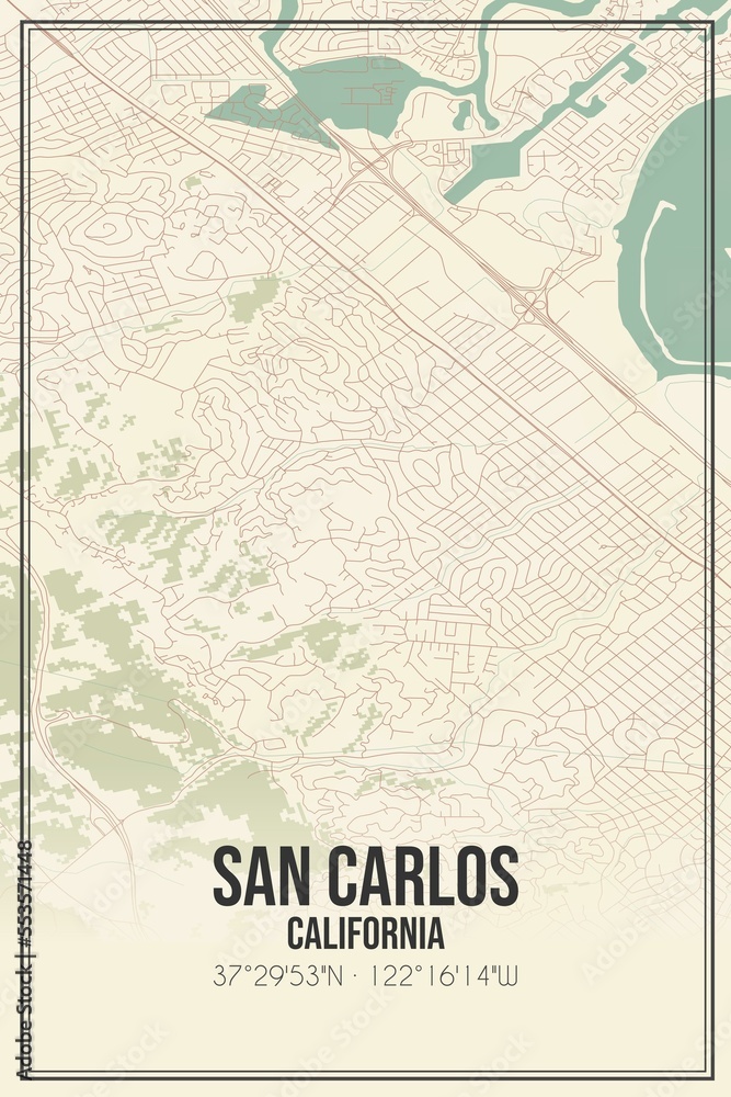 Sticker Retro US city map of San Carlos, California. Vintage street map.