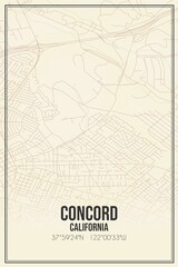 Retro US city map of Concord, California. Vintage street map.
