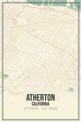 Retro US city map of Atherton, California. Vintage street map.
