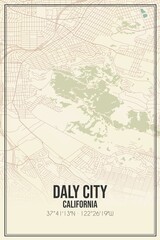 Retro US city map of Daly City, California. Vintage street map.