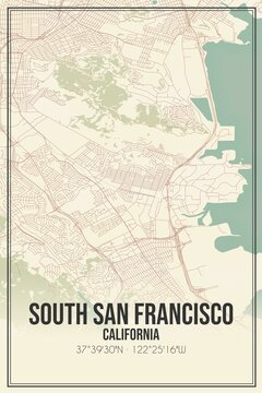 Retro US city map of South San Francisco, California. Vintage street map.