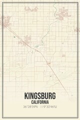 Retro US city map of Kingsburg, California. Vintage street map.