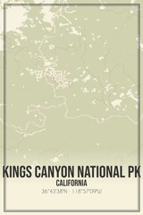 Retro US city map of Kings Canyon National Pk, California. Vintage street map.