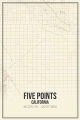 Retro US city map of Five Points, California. Vintage street map.