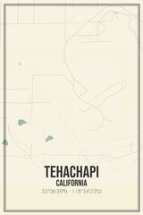 Retro US city map of Tehachapi, California. Vintage street map.