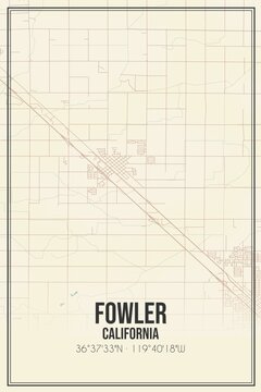 Retro US city map of Fowler, California. Vintage street map.