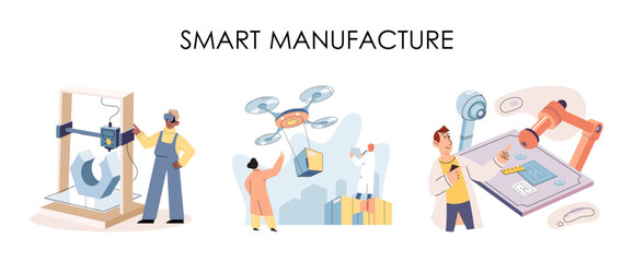 Smart manufacture, automation development metaphor. Innovative smart industry product design, manufacturing process, automated production line, delivery and distribution robots machinery industry 4.0
