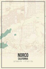Retro US city map of Norco, California. Vintage street map.