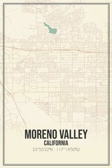 Retro US city map of Moreno Valley, California. Vintage street map.