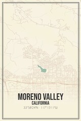 Retro US city map of Moreno Valley, California. Vintage street map.