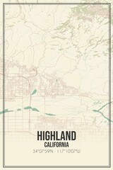 Retro US city map of Highland, California. Vintage street map.