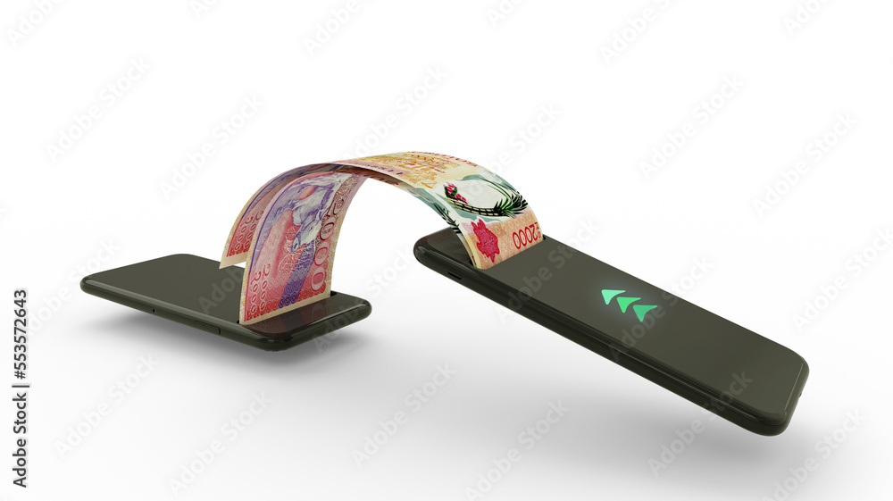 Aufkleber 3d rendering of mauritian rupee notes transferring from one phone to another. mobile money transacti