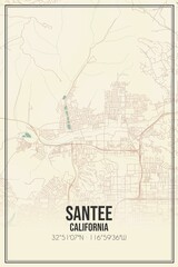 Retro US city map of Santee, California. Vintage street map.