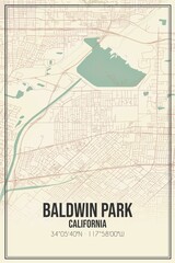 Retro US city map of Baldwin Park, California. Vintage street map.