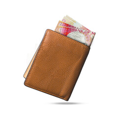 3D rendering of Mauritian notes popping out of a brown leather men’s wallet. Mauritian rupees in wallet