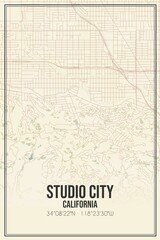 Retro US city map of Studio City, California. Vintage street map.