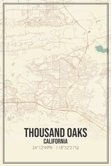Retro US city map of Thousand Oaks, California. Vintage street map.