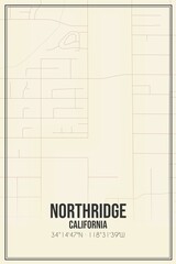 Retro US city map of Northridge, California. Vintage street map.