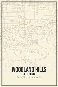 Retro US City Map Of Woodland Hills, California. Vintage Street Map.