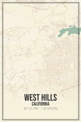Retro US city map of West Hills, California. Vintage street map.
