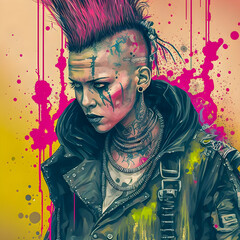 Fototapeta premium Cyberpunk Punk-Rock Hand drawn Manga and Anime Character in Comisc and Graffity Style, 90s Illustration