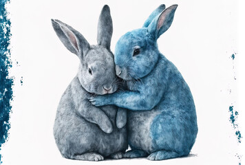 Two adorable blue easter rabbits cuddling each other in a watercolor drawing. Hares adore one another, a painting for young people. alone against a white backdrop. manually created. Generative AI - obrazy, fototapety, plakaty