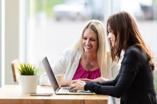 Two professional business woman working together on a computer in a coffee shop: Edmonton, Alberta, Canada