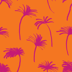 Fototapeta na wymiar Palm trees seamless vector background. orange palm tree repeating pattern. Tropical viva magenta botanical vector background hand drawn for fabric, wrap, summer decor.