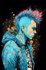 Cyberpunk Punk-Rock Hand drawn Manga and Anime Character in Comisc and Graffity Style, 90s Illustration