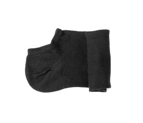 New Black Cotton Sock Isolated, Rolled Sportswear, Classic Unisex Cotton Socks on White Background