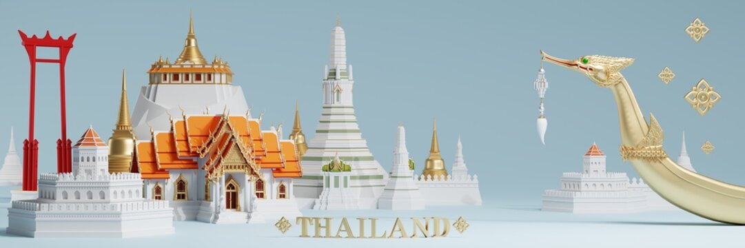 3d The iconic of thailand travel concept the most beautiful places to visit in thailand in 3d illustration, thai architecture and tradition heritage.

