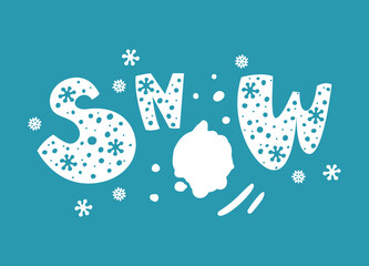 Lettering with a flying snowball on a blue background with snowflakes. Snow globe in flight. Color illustration for winter design and print. Winter games with snow. Snow day. Handwritten text.