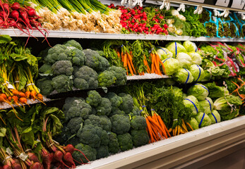 Fresh vegetables on display at a supermarket: Ft. Saskatchewan, Alberta, Canada
