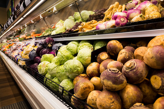 Fresh vegetables on display at a supermarket: Ft. Saskatchewan, Alberta, Canada