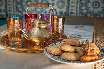 Traditional Moroccan tableware and sweets for tea ceremony